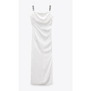 Zara White Satin Effect Spaghetti Strap Maxi / Midi Dress Side Slit XS
